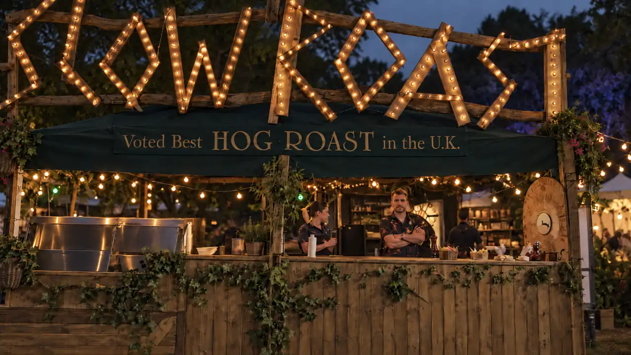 The Slow Roast stall lit up at a busy evening event