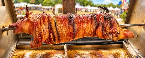 A whole hog slow-roasting on the spit